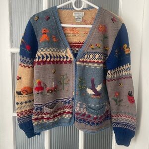 ON HOLD-VINTAGE Roberta Frost Farm Scene Hand Knit Wool Cardigan Sweater